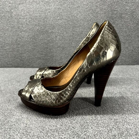 BCBG Maxazria Heels womens 5.5B Snake‎ Skin Metalic Peep Toe Pumps 4" - Picture 8 of 14